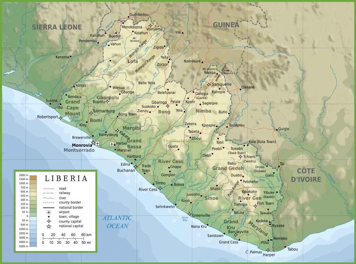 trekke fysisk kart over Liberia