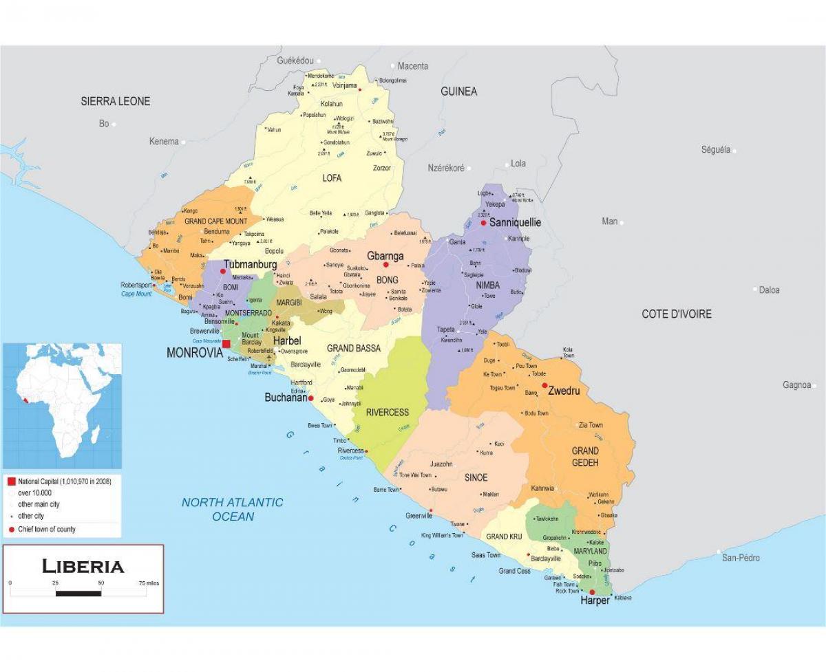 kart av draw-den politiske kartet i Liberia
